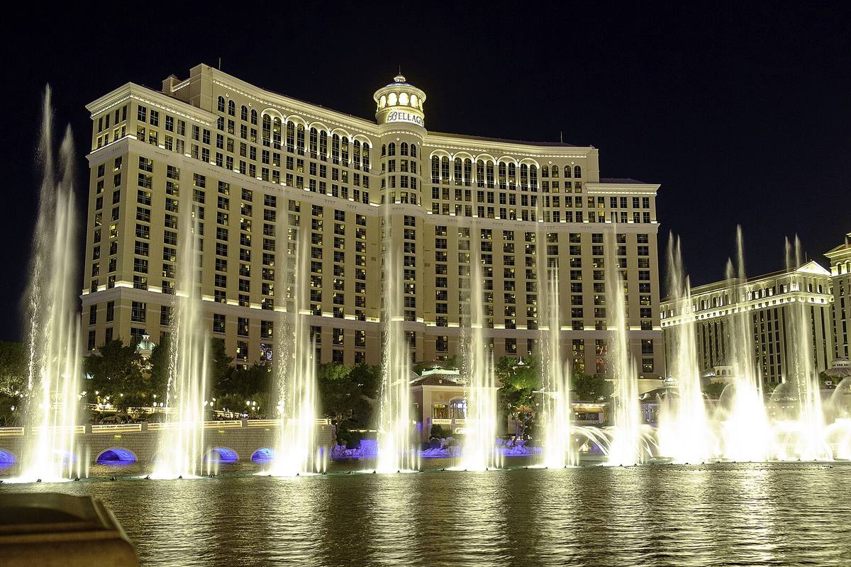 Water jets of the Fountains of Bellagio rising in front of the Bellagio hotel