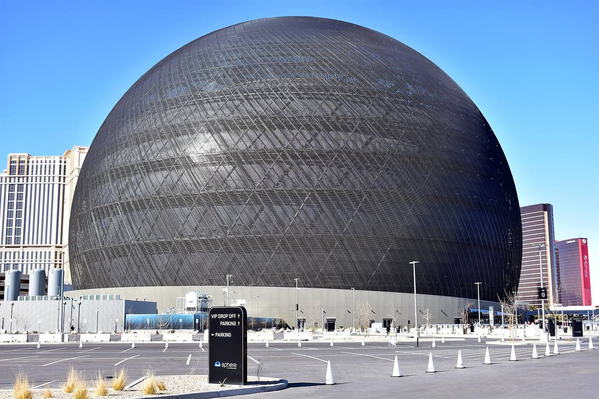 The Sphere venue in Las Vegas with its LED exosphere lit up
