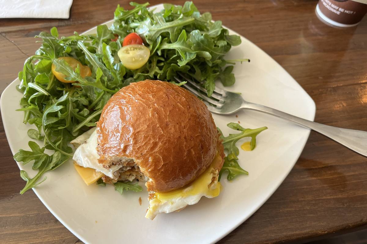 Egg breakfast sandwich on a brioche bun