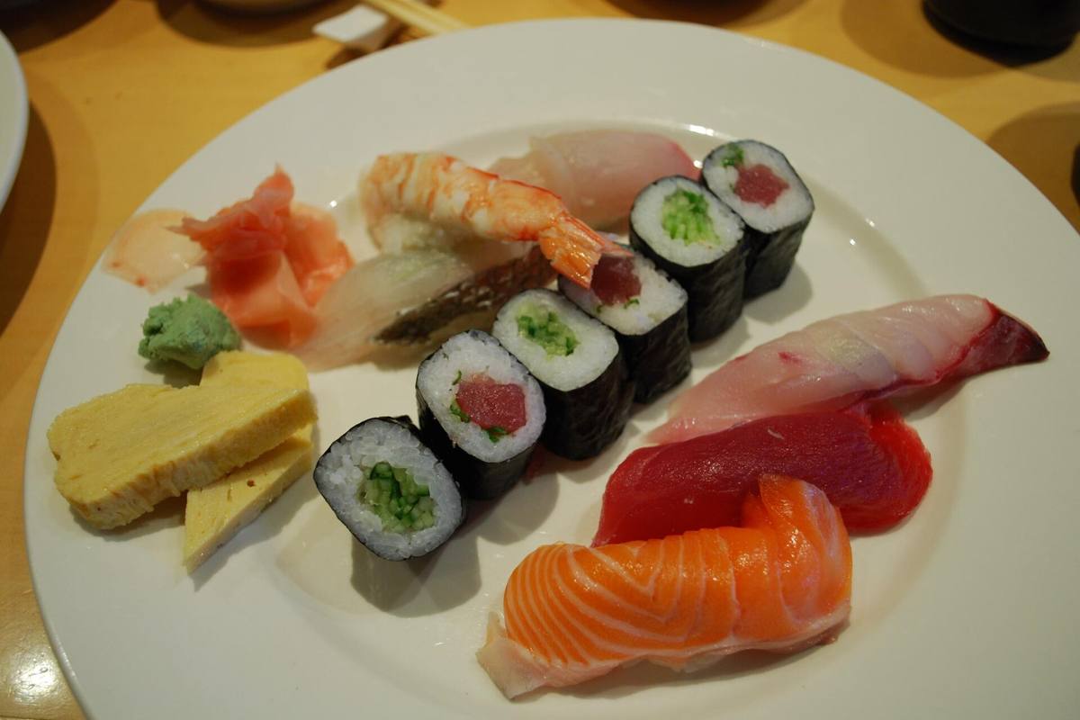 Assorted sushi plated at a Japanese restaurant